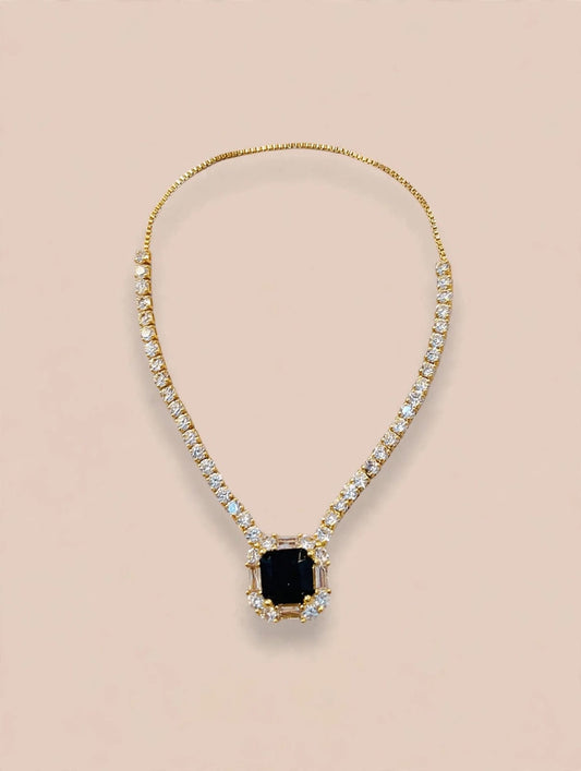 Gold Tennis Necklace with Black Emerald-Cut Stone Pendant
