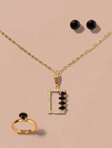 Gold Black Stone 4-Piece Jewelry Set – Necklace, Ring & Stud Earrings