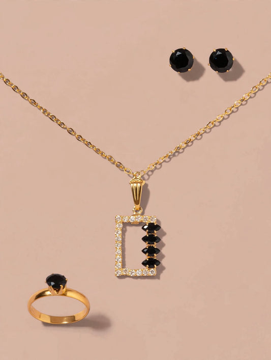 Gold Black Stone 4-Piece Jewelry Set – Necklace, Ring & Stud Earrings