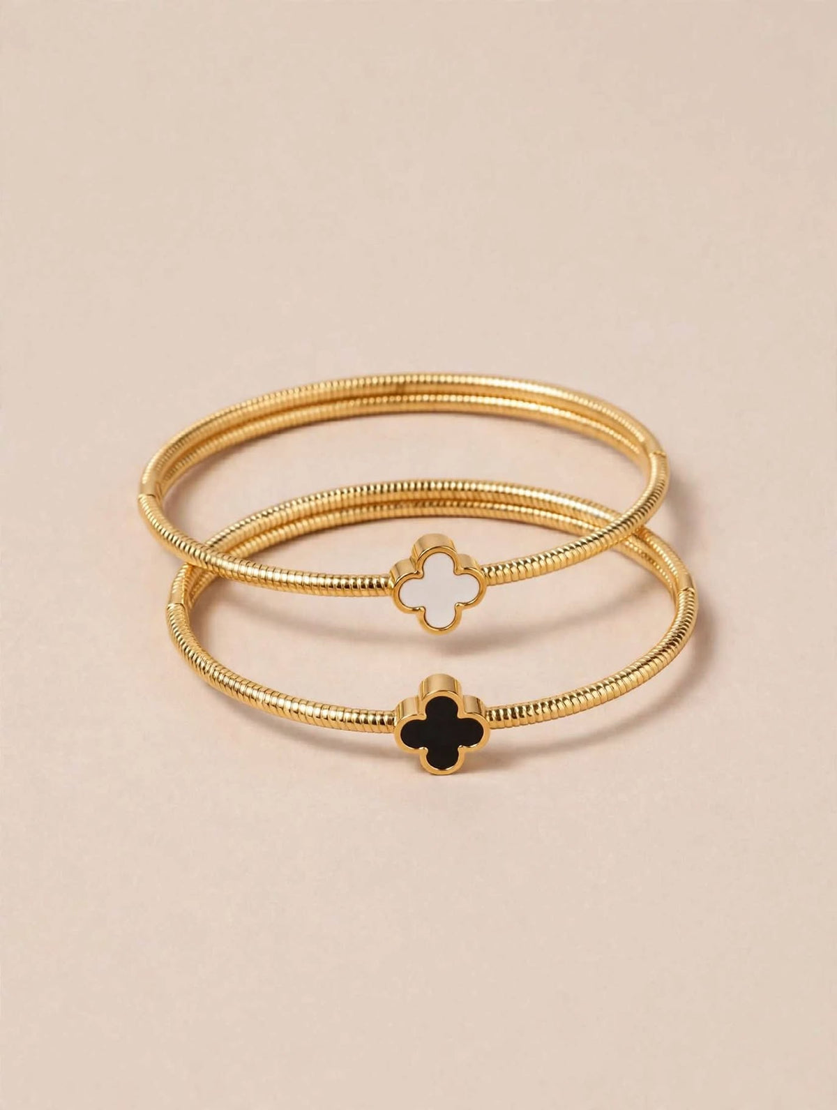 Gold Bangle Bracelet Set with Black & White Clover Charms (Set of 2)