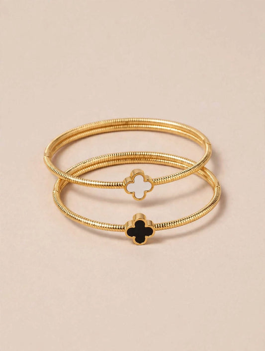Gold Bangle Bracelet Set with Black & White Clover Charms (Set of 2)