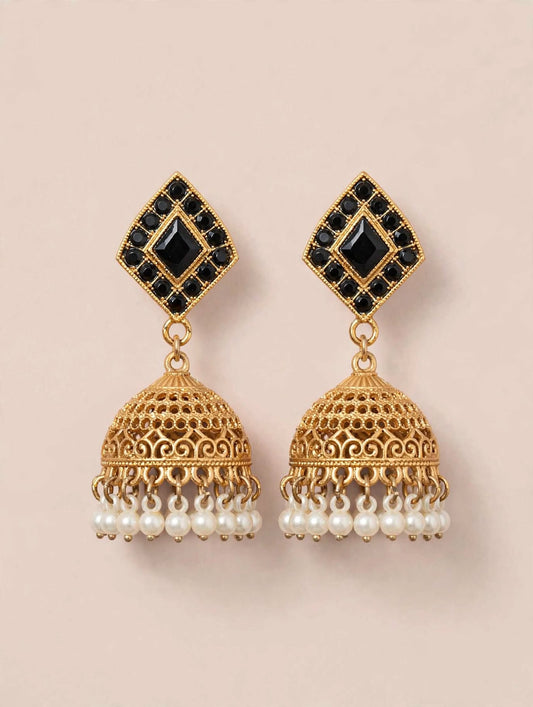 Antique Gold Jhumki Earrings with Black Kundan Stone Studs
