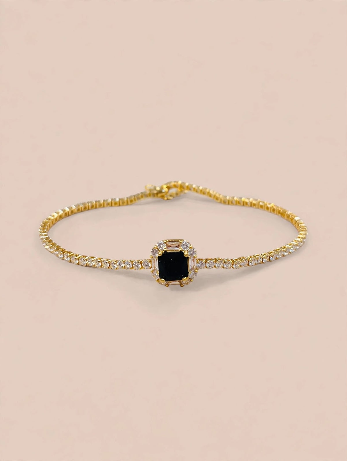 Gold Tennis Bracelet with Black Stone and CZ Halo Charm