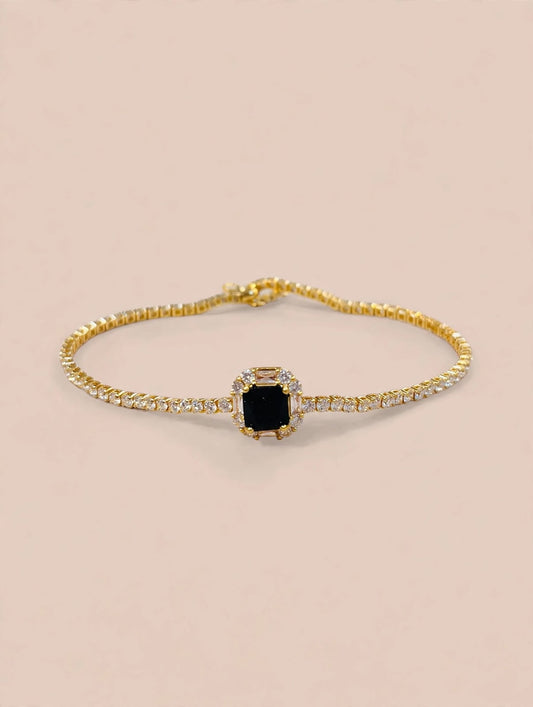 Gold Tennis Bracelet with Black Stone and CZ Halo Charm
