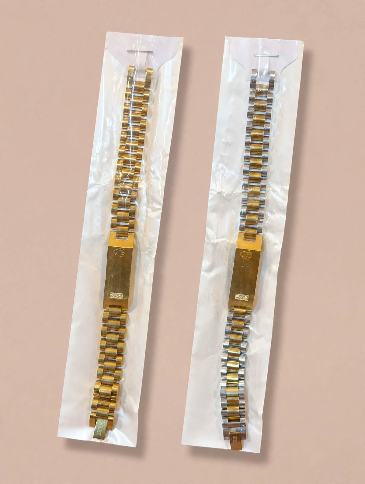 Gold Two-Tone Vintage Link Bracelets with Crown Charm (Set of 2)