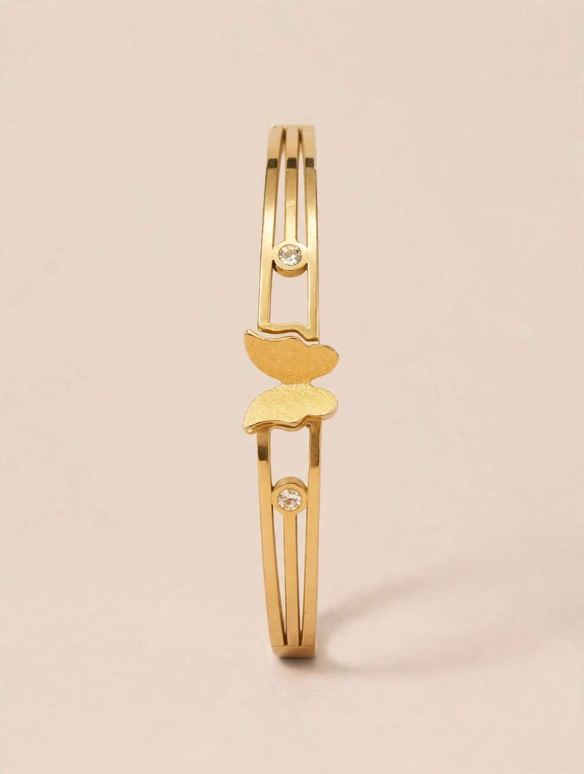 Gold Bar Bracelet with Butterfly Charm and Crystal Accents
