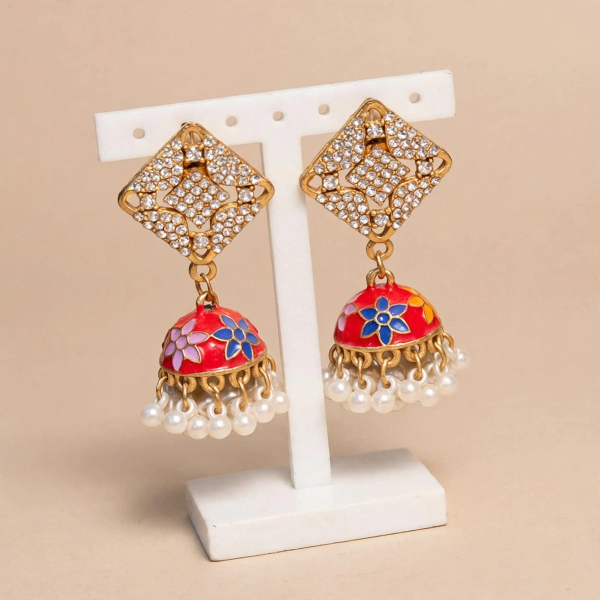 Multicolor Floral Jhumki Earrings with Pearl Drops