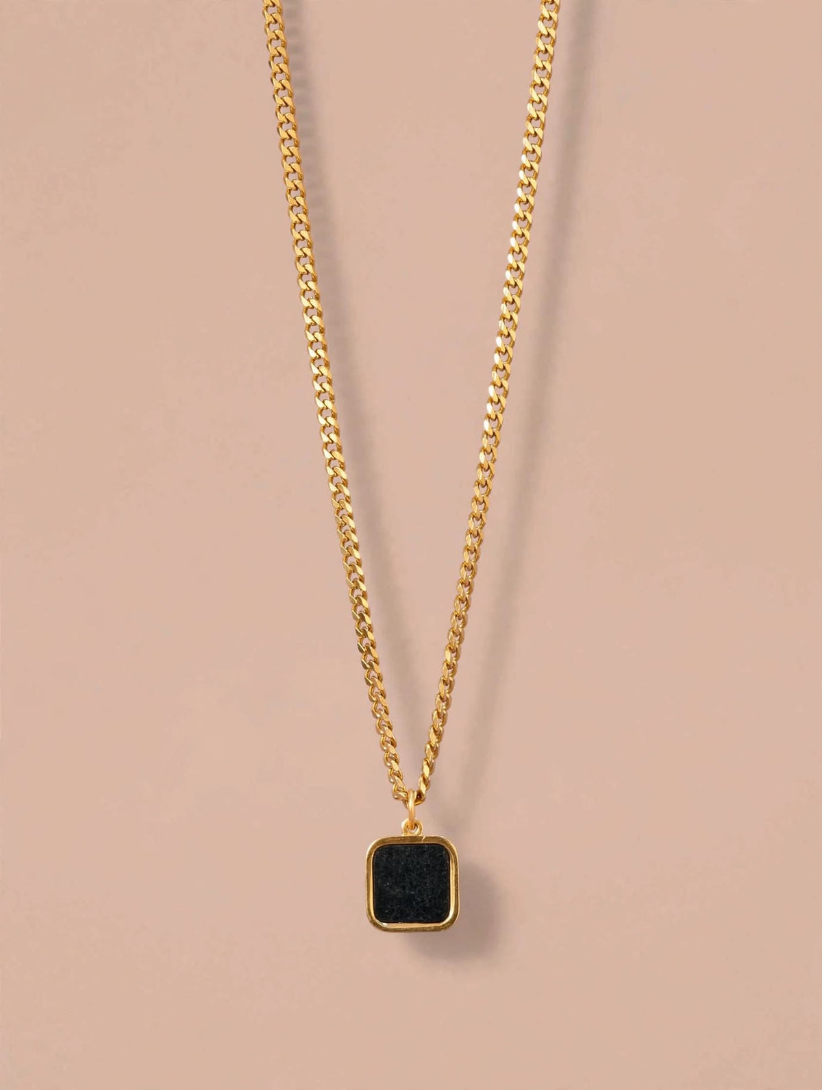 Gold Curb Chain Necklace with Black Square Stone Pendant