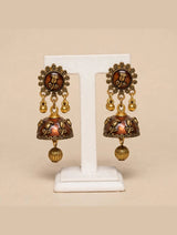 Antique Gold Rose Carved Jhumki Earrings