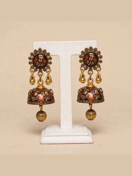 Antique Gold Rose Carved Jhumki Earrings