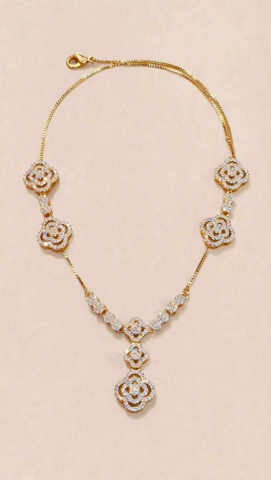 Gold Floral Design Necklace with Sparkling CZ Stones