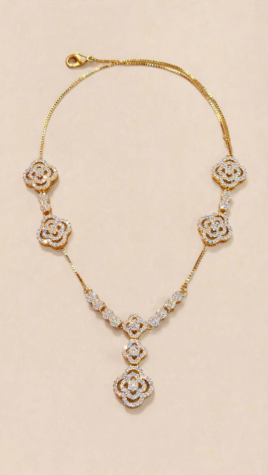 Gold Floral Design Necklace with Sparkling CZ Stones