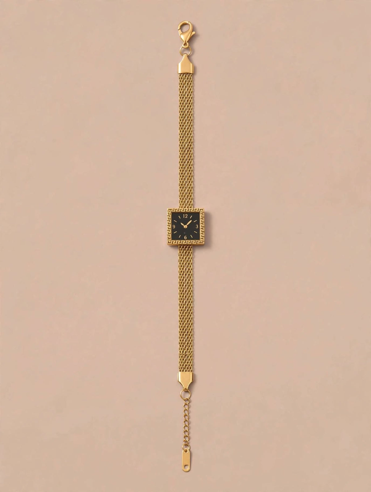 Gold Mesh Chain Bracelet with Black Square Watch-Face Charm