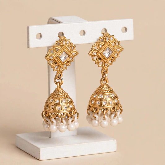 Antique Gold Kundan Jhumki Earrings