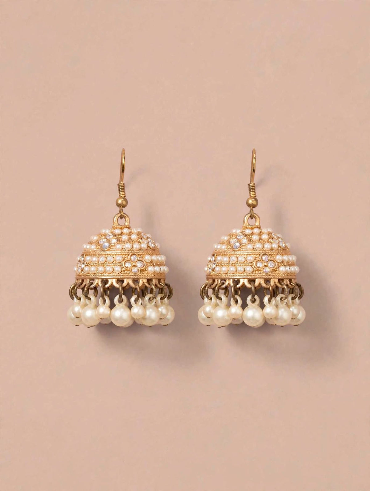 Gold-Toned Kundan Studded Jhumki Earrings with Pearl Fringe