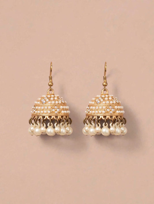 Gold-Toned Kundan Studded Jhumki Earrings with Pearl Fringe