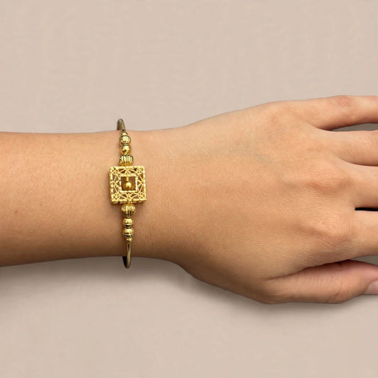 Gold Beaded Bar Bracelet with Filigree Square Charm