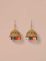 Antique Gold Jaali Jhumki Earrings with Multicolor Bead Fringe