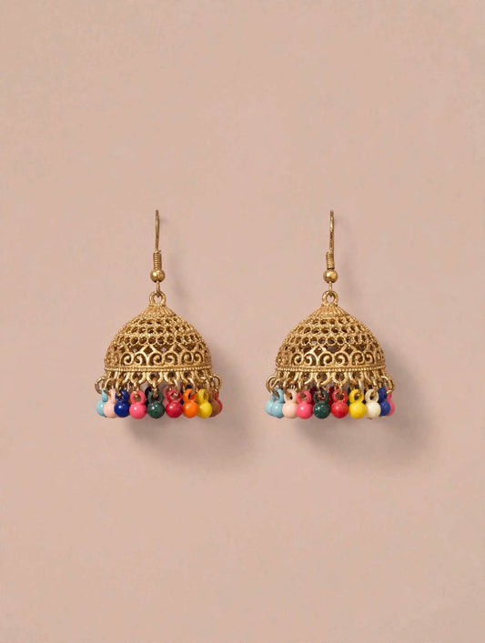 Antique Gold Jaali Jhumki Earrings with Multicolor Bead Fringe
