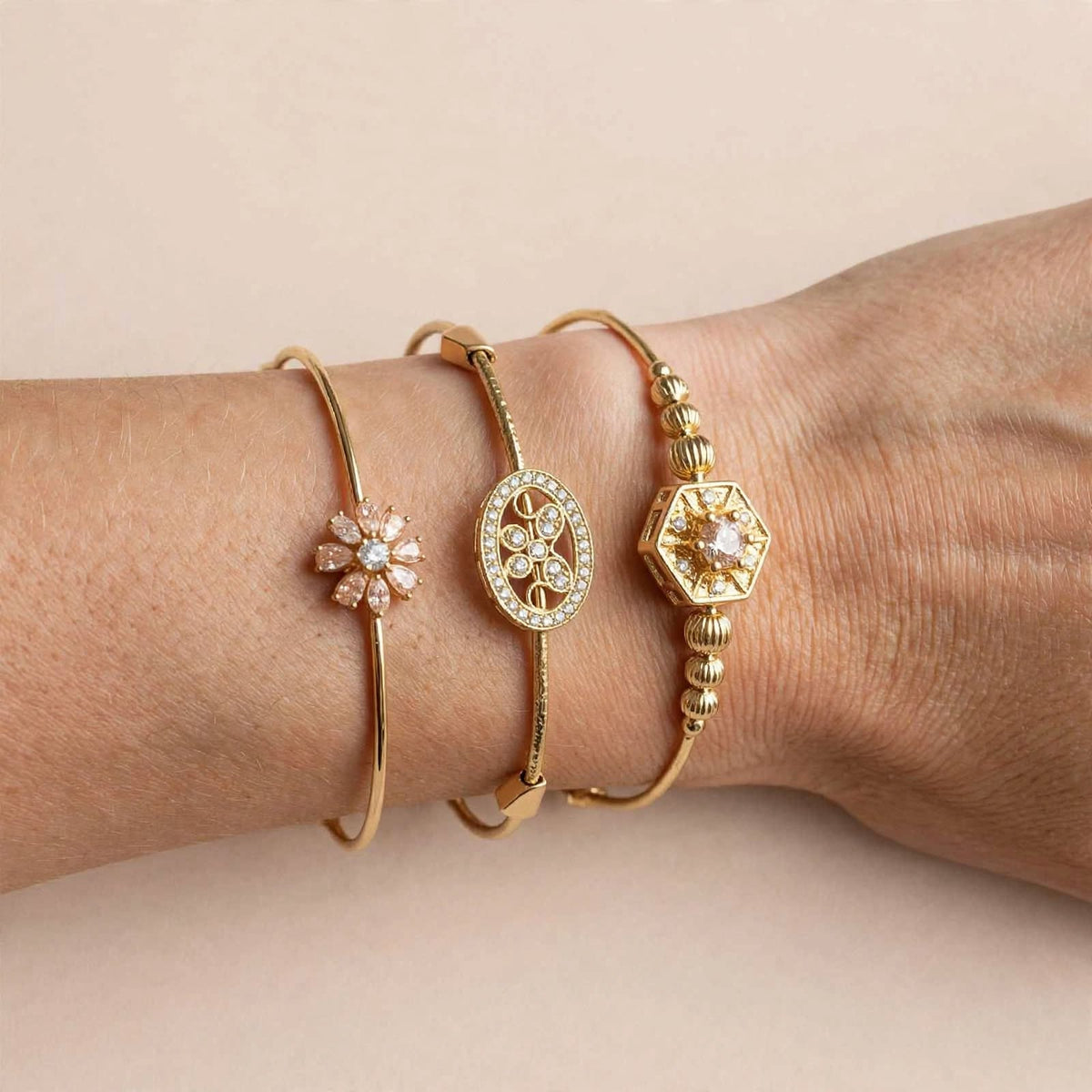 Gold Stackable Bangle Set with Flower, Oval & Hexagon CZ Charms (3-Piece)