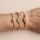 Gold Stackable Bangle Set with Flower, Oval & Hexagon CZ Charms (3-Piece)