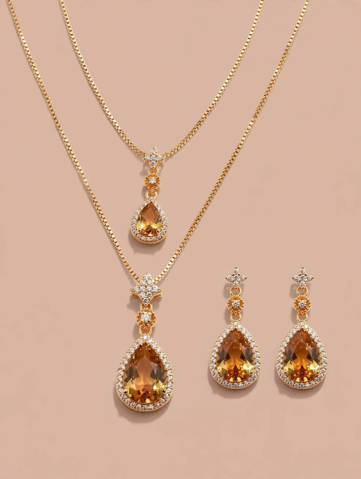 Gold Layered Necklace with Citrine Teardrop Pendant & Earring Set