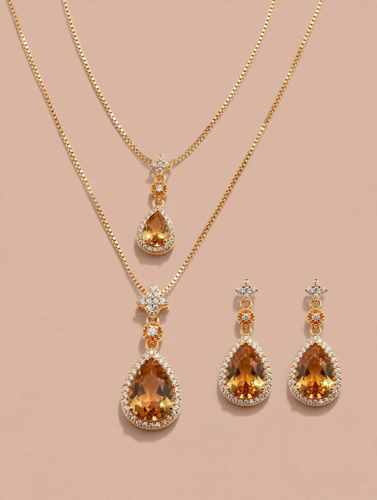 Gold Layered Necklace with Citrine Teardrop Pendant & Earring Set