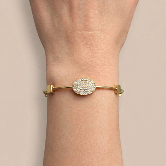 Gold Bangle Bracelet with Pave CZ Oval Charm