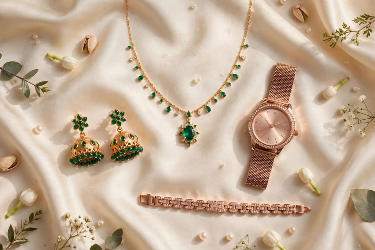 Rose Gold Emerald Jewelry & Watch Luxury Gift Set