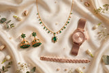 Rose Gold Emerald Jewelry & Watch Luxury Gift Set
