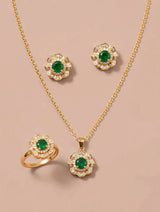 Gold Emerald Floral CZ Necklace, Ring & Earrings Set