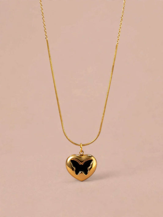 Gold Heart Pendant Necklace with Black Butterfly Enamel Detail