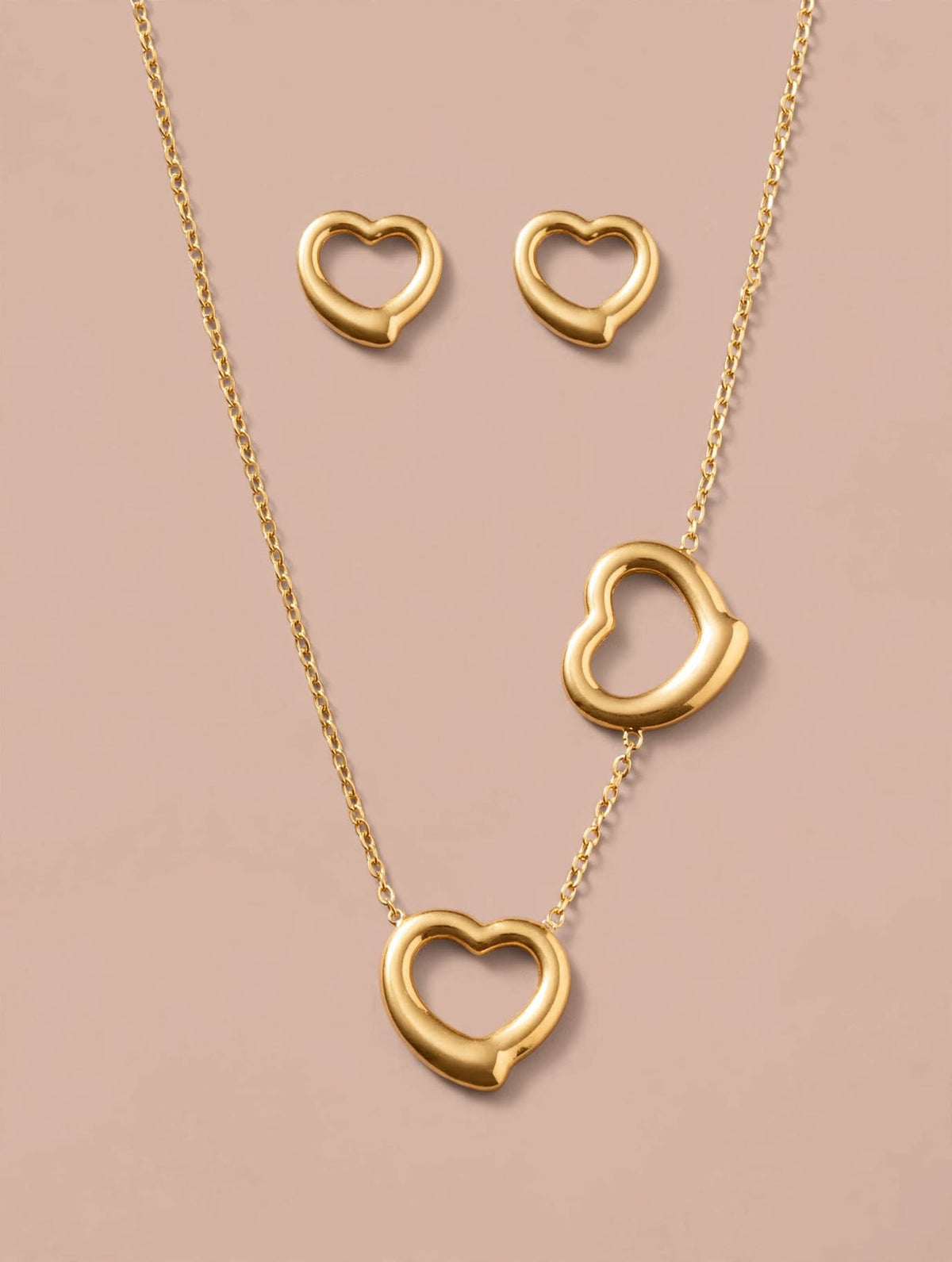 Gold Heart Charm Necklace and Stud Earrings Set