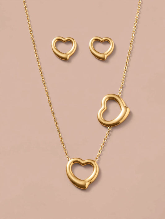 Gold Heart Charm Necklace and Stud Earrings Set