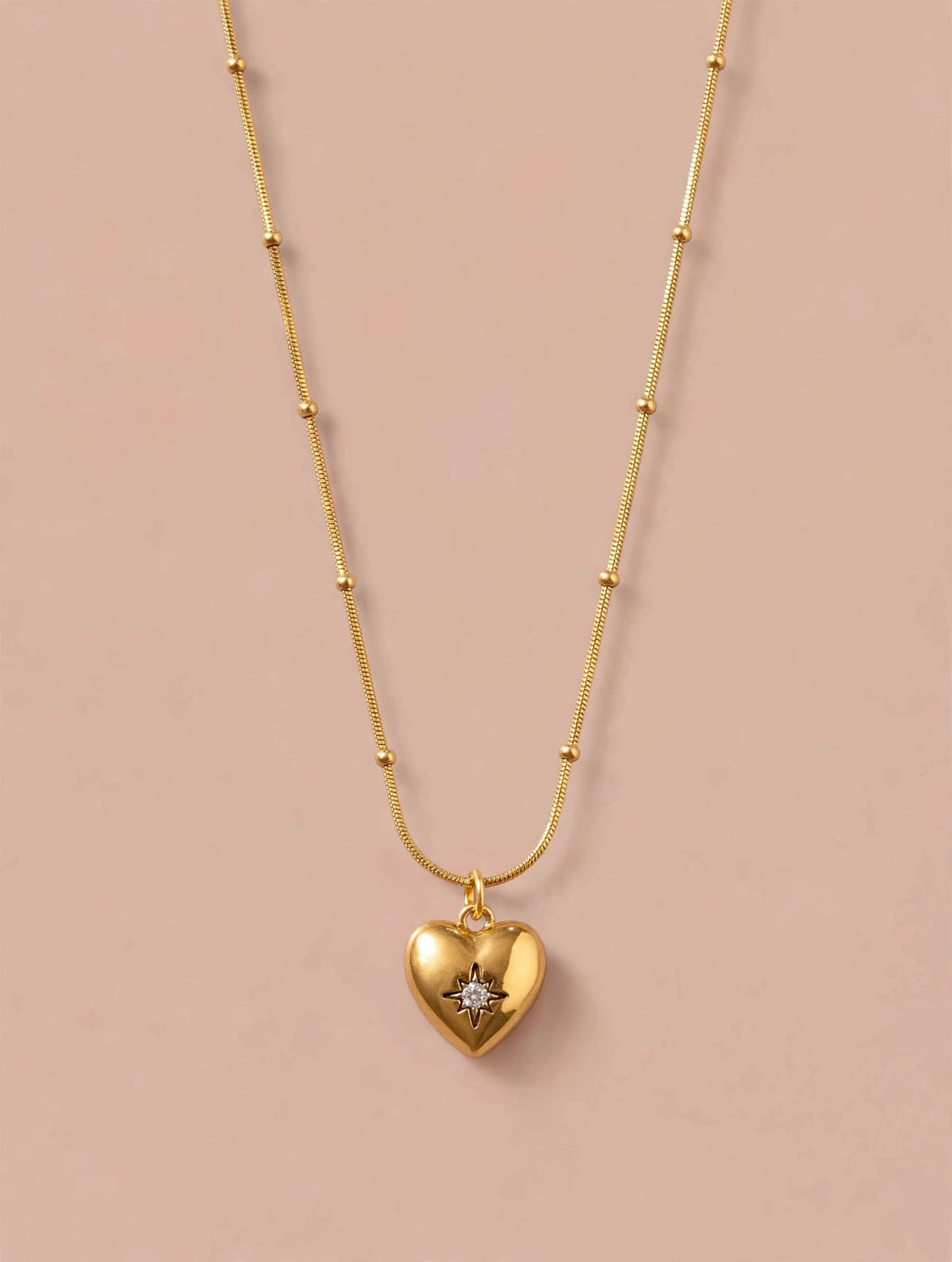 Gold Puffy Heart Pendant Necklace with Star Accent