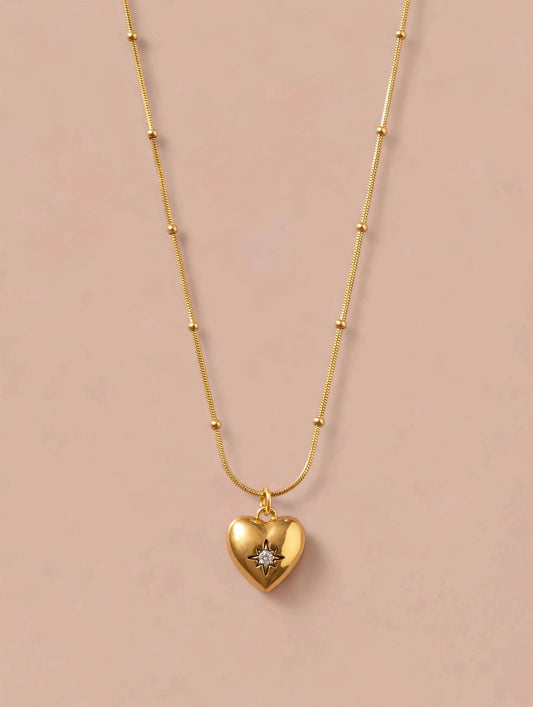 Gold Puffy Heart Pendant Necklace with Star Accent