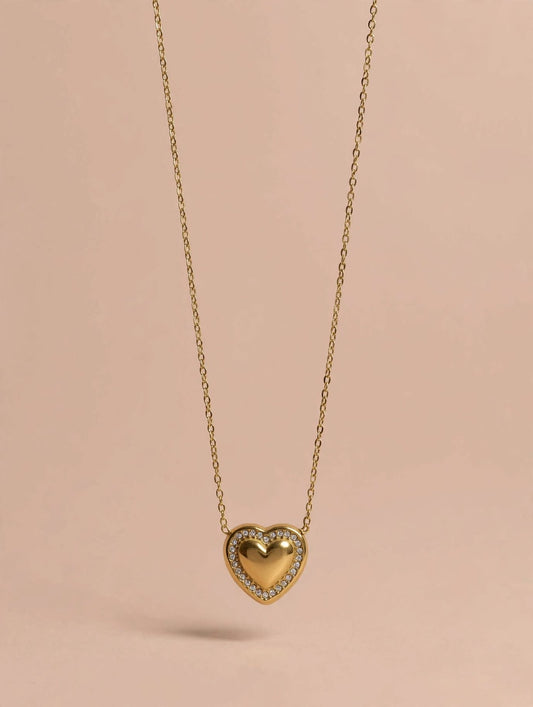 Gold Heart Pendant Necklace with Pave Crystal Border