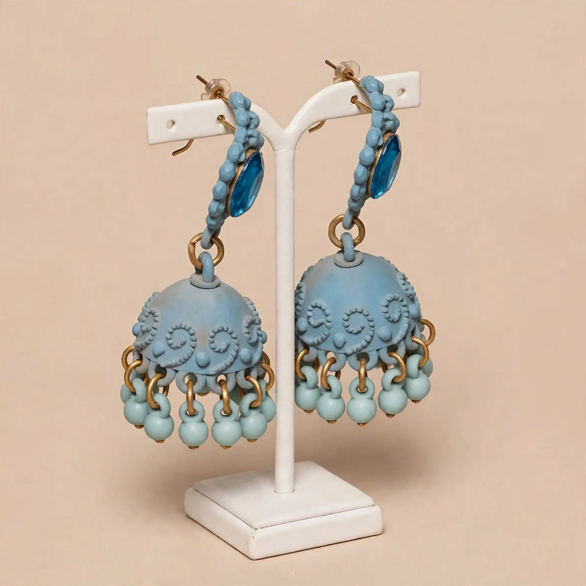 Matte Sky Blue Beaded Jhumki Earrings