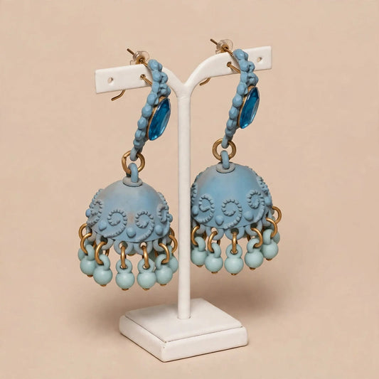 Matte Sky Blue Beaded Jhumki Earrings