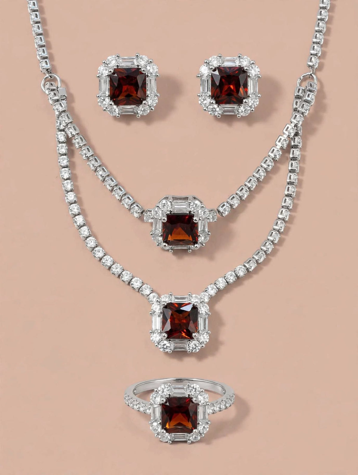 Silver Red Garnet CZ 4-Piece Bridal Jewelry Set – Necklace, Bracelet,Ring & Earrings