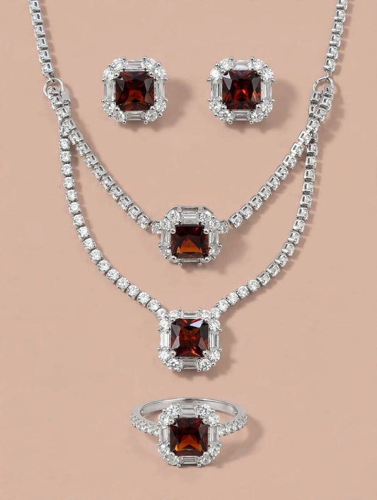 Silver Red Garnet CZ 4-Piece Bridal Jewelry Set – Necklace, Bracelet,Ring & Earrings