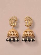 Antique Gold Peacock Jhumki Earrings with Black & White Pearl Drops