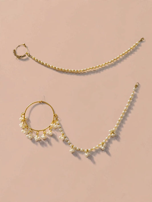 Golden Pearl Bridal Nath with Delicate Pearl Chain