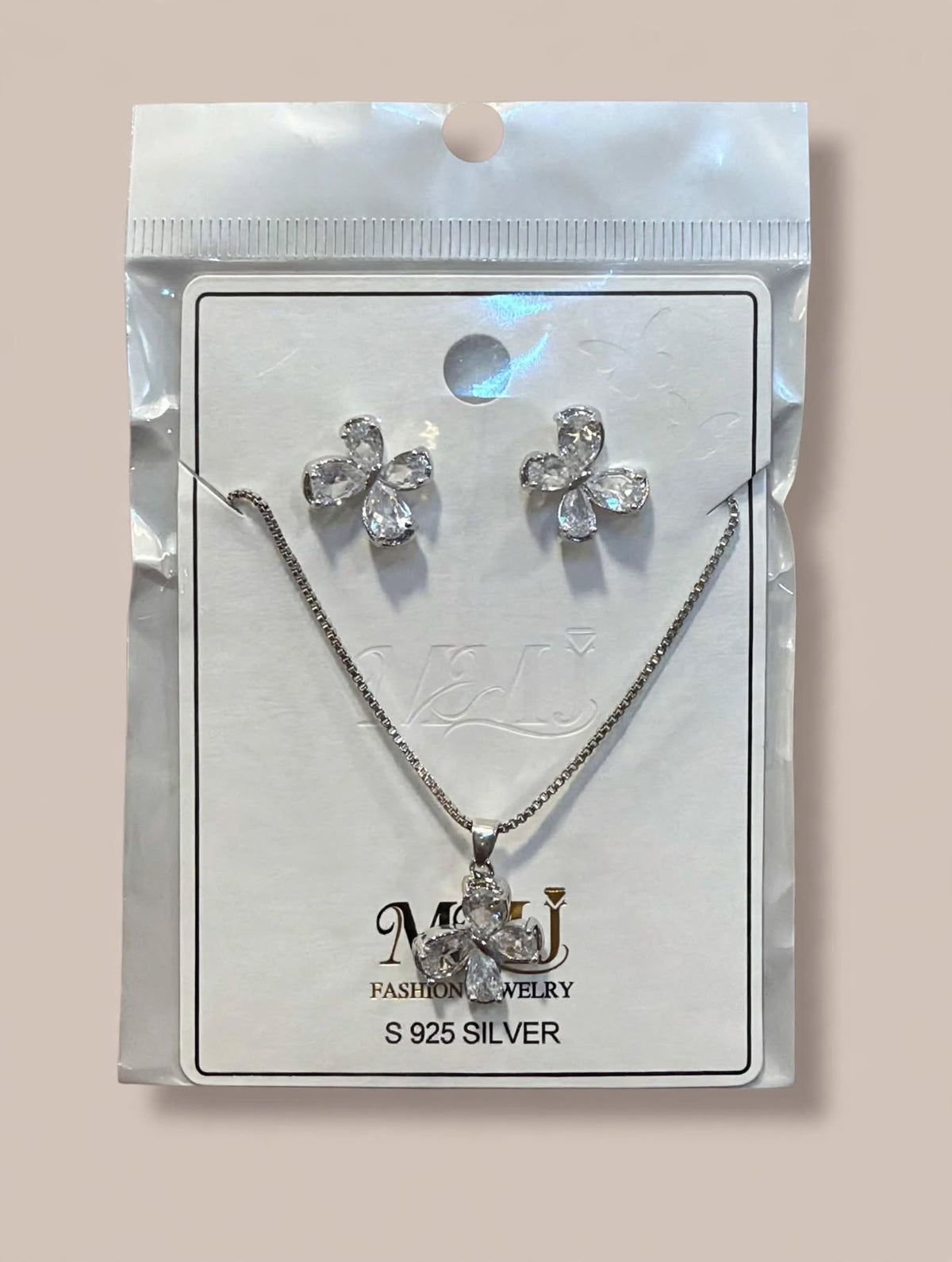 925 Silver Crystal Butterfly Necklace and Earrings Set