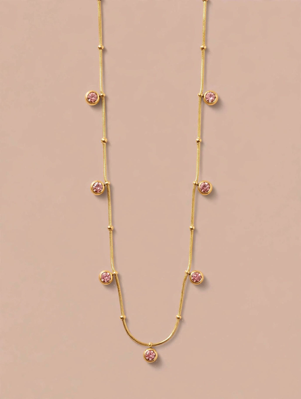Gold Chain Necklace with Pink Crystal Station Drops