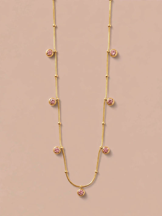 Gold Chain Necklace with Pink Crystal Station Drops