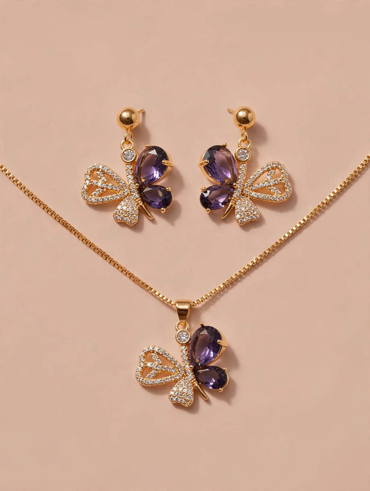 Gold Purple Crystal Butterfly Necklace and Earrings Set