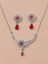 Silver Ruby Red Floral Necklace and Drop Earrings Set