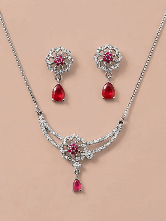 Silver Ruby Red Floral Necklace and Drop Earrings Set