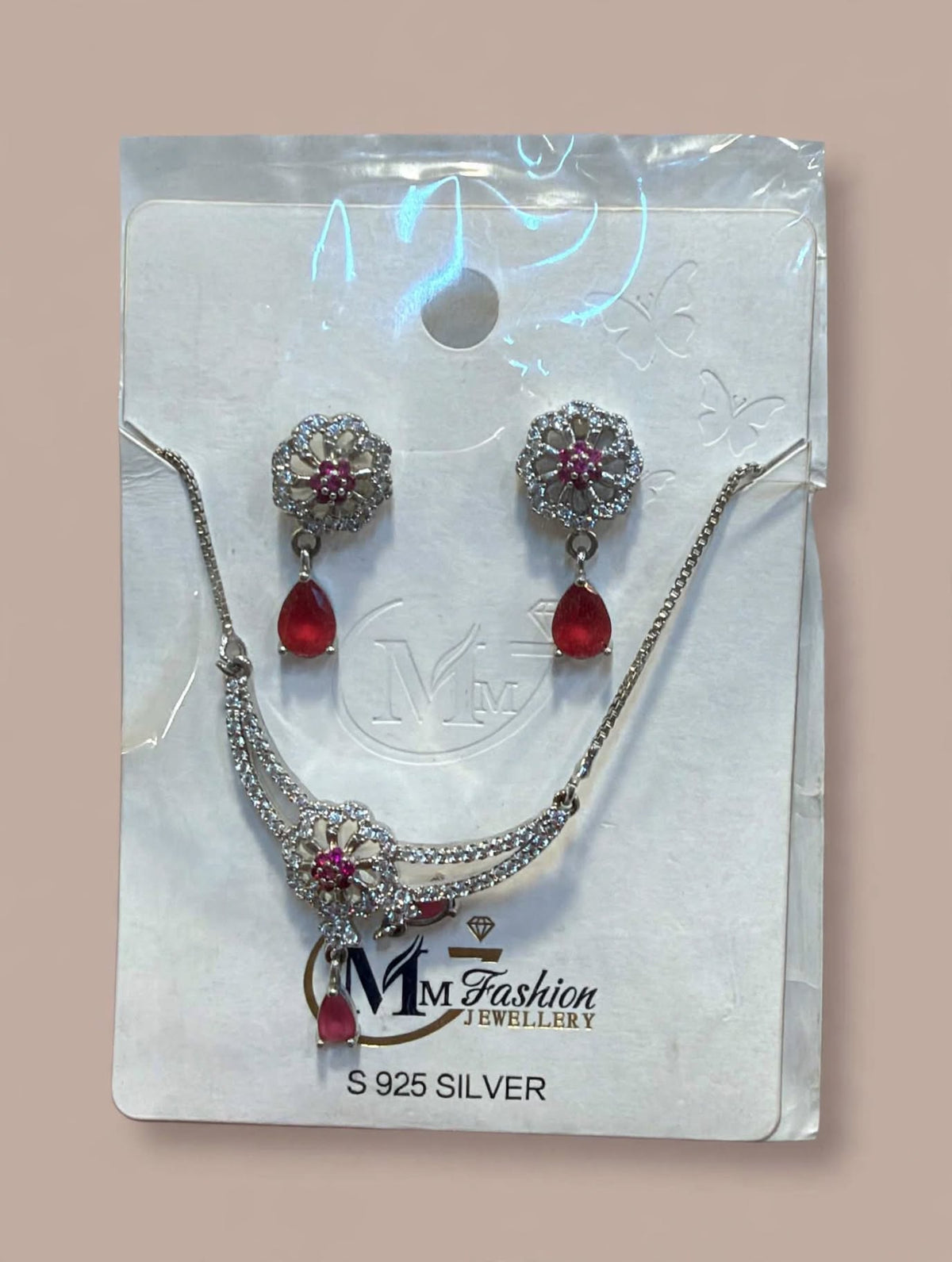 925 Silver Ruby Red CZ Floral Necklace and Earrings Set